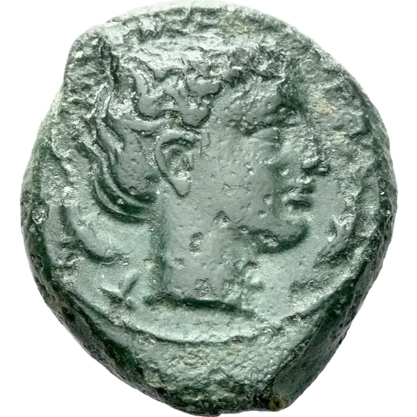 Head of Arethusa right, wearing necklace, hair loosely gathered at the top of her head; dolphin behind and before.