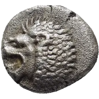 Forepart of lion to right, his head turned back to left
