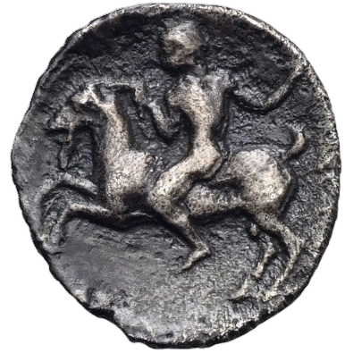 Nude youth riding a goat left, holding whip and the goat's horn; within shallow incuse circle.