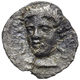 Head of nymph facing slightly left; border of dots.