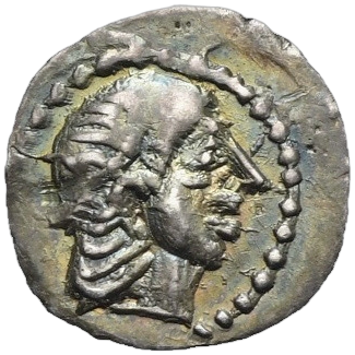 Diademed head of Arethusa right; border of dots.