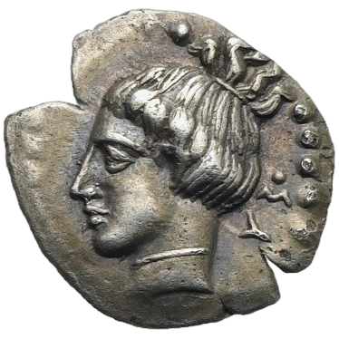 Head of the nymph Arethusa left, wearing a simple necklace with her hair tied up in bun at the top of her head; behind and above, six pellets (mark of value?) or part of border of dots.