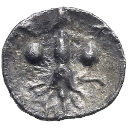 Thunderbolt; beside, two pellets (mark of value).
