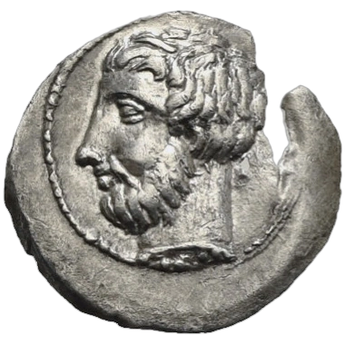 Bearded male head left.