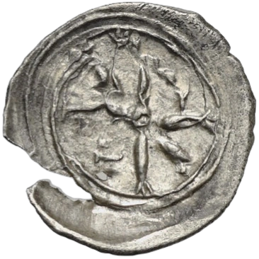 Within wheel of four spokes, also with two dolphins within.