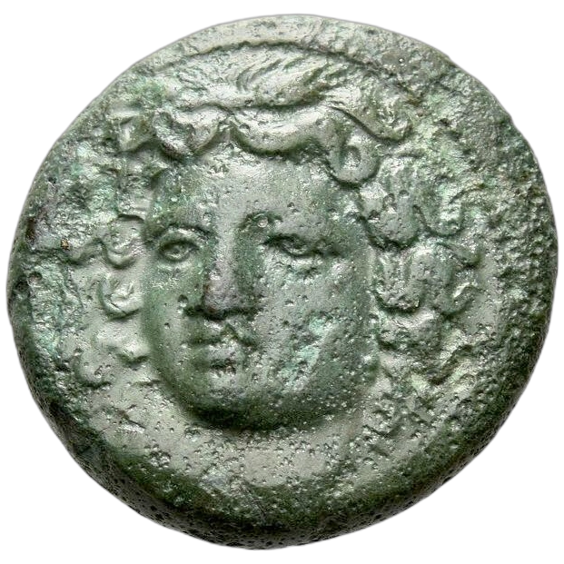 Head of the nymph Larissa three-quarter facing left, wearing circlet with wheat ears in her hair and earring showing one bead and a small pellet below it; border of dots.