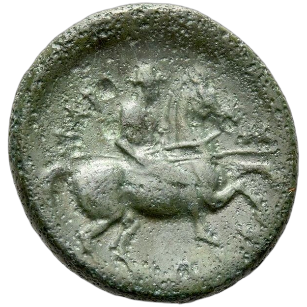 Cavalryman with lance, wearing Boiotian helmet, riding right on prancing horse.