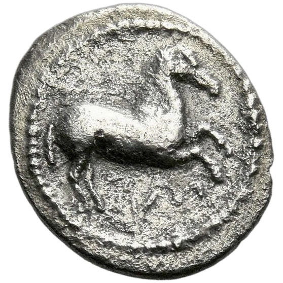 Free horse prancing right, below, ΥΕ (retrograde); border of dots.