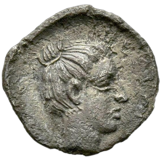 Head of Aigeste right, with hair tied in a high bun.
