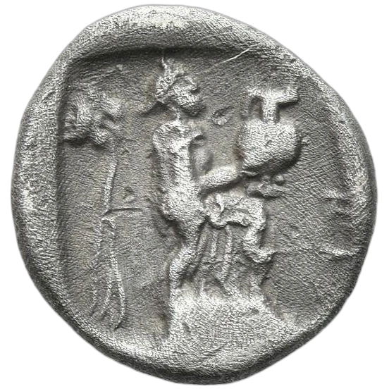 The nymph Larissa standing right and balancing one-handled hydria on her raised left knee; behind her, fountain spout in the form of a lion's head right from which pours water; all in shallow incuse square.