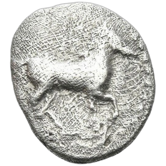 Horse pacing right on ground line; border of dots.