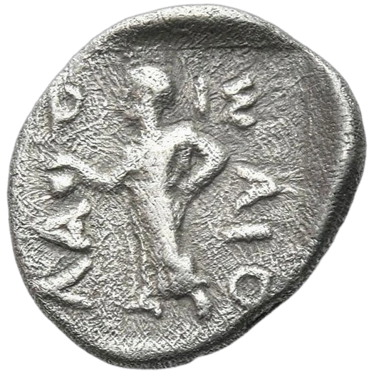 The nymph Larissa standing facing, head left, bouncing a ball with her right hand, her left on her waist; all in shallow incuse square with softened contours.