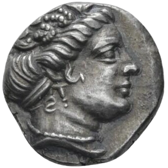 Head of nymph Histiaia right, wearing sphendone, earrings and necklace.