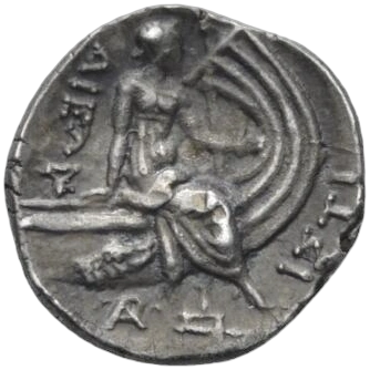 Nymph seated right on prow decorated with wing; below, trident and monogram.