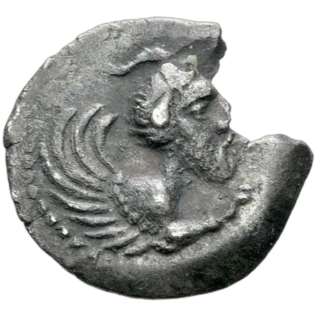 Forepart of winged, horned monster with human head and lion's legs right.