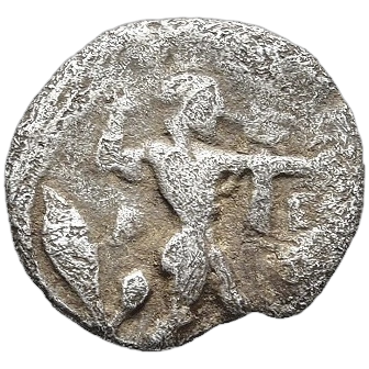 Poseidon advancing right, brandishing trident; olive-spray to left.