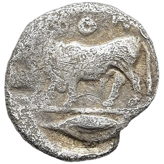 Bull standing left; barley grain in exergue.