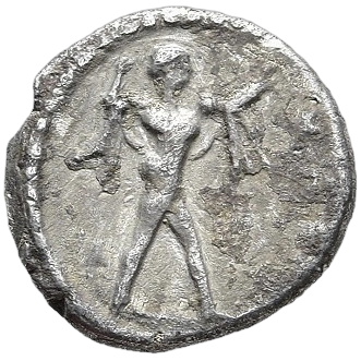 Poseidon advancing right, holding trident overhead.