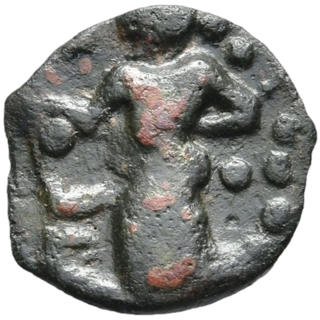 Nymph standing left, sacrificing with oinochoe above altar to left; two pellets (mark of value) across.
