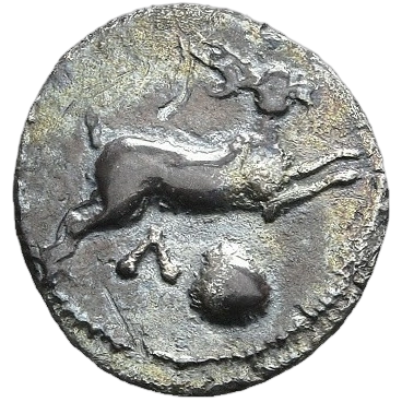 Hare springing right; Λ and shell below.