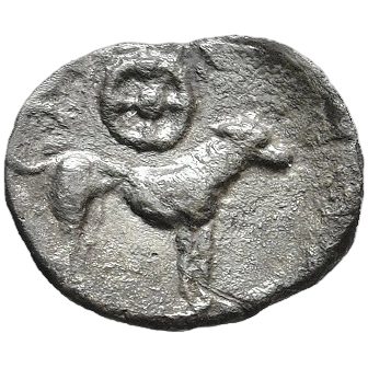 Hound standing right; wheel above.
