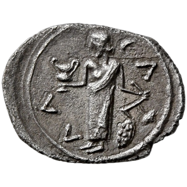 Dionysos standing front, head to left, holding kantharos in his right hand and grape bunch on vine in his left.