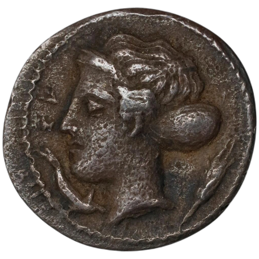Head of Arethusa left, hair bound up in a sakkos; dolphin swimming downward to left, ear of grain to right. Of the Phrygillos-signed issue, though the ΦPY signature is not visible on this example.