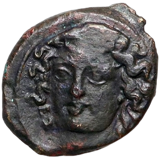 Head of Arethusa three-quarter facing right, flowing hair held by an ampyx; EΞ (signature of the engraver Exakestidas) in lower left field.