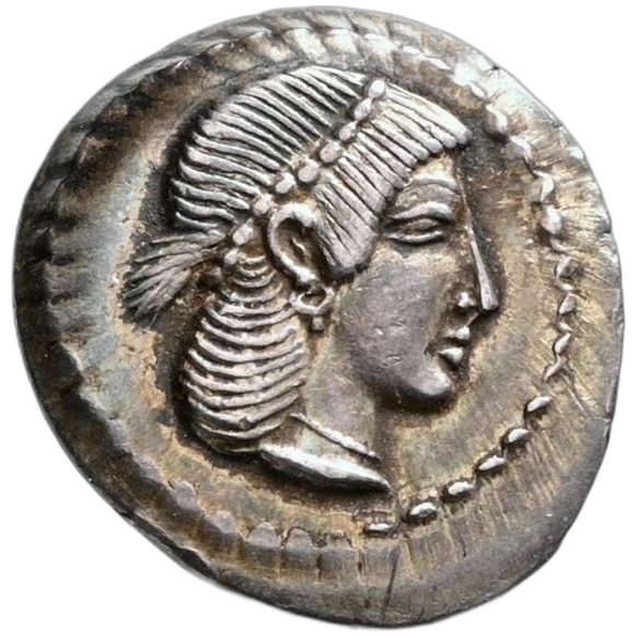 Head of Arethusa to right, wearing pearl diadem and necklace, her hair tied up in a krobylos that is bound up.