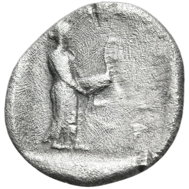 Female figure (Hyrkyna or Epione) standing right, holding in both hands a goose right; all within shallow incuse square.