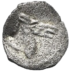 Head of bridled horse right.