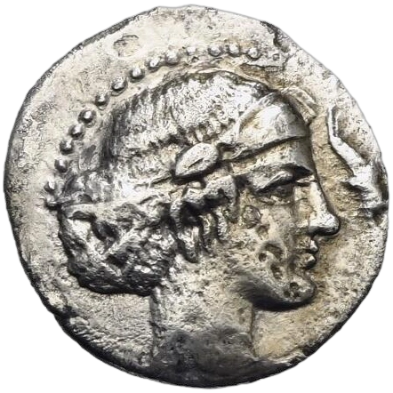 Head of Arethusa right, hair tied in sphendone; before, dolphin.