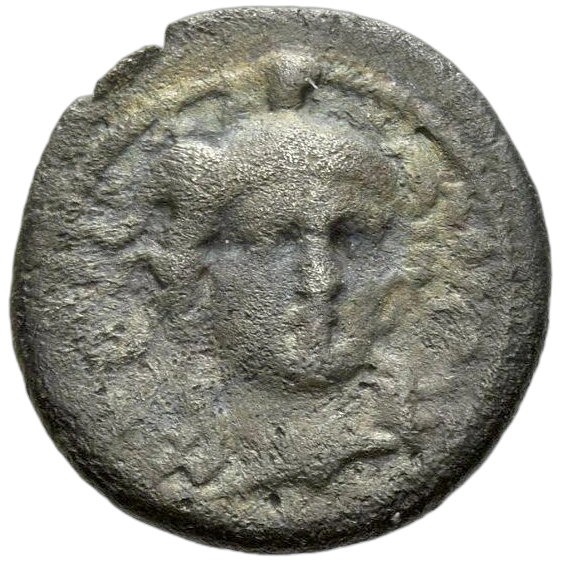 Head of Athena facing slightly right, wearing winged helmet.