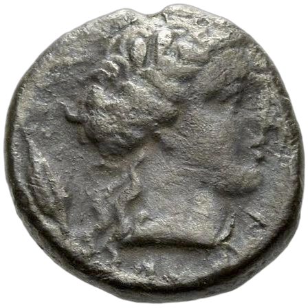 Laureate head of Apollo right; grain ear behind.