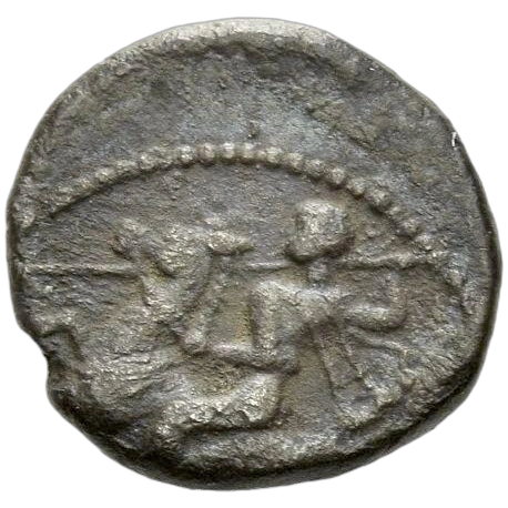 Warrior galloping on horseback left, holding spear.