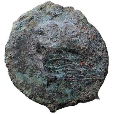 Head of nymph Arethusa left, wearing earring and necklace, hair bound in ampyx and sphendone; behind, olive leaves; obliterated by the countermark struck through from the reverse and by sanding.
