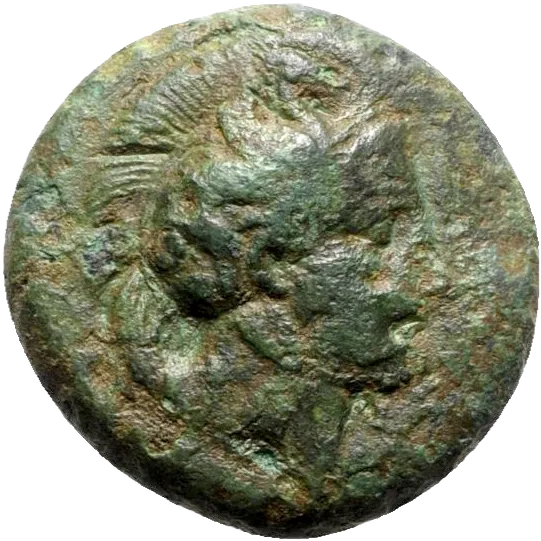 Head of Athena to right, wearing crestic Attic helmet, on bowl hippocamp