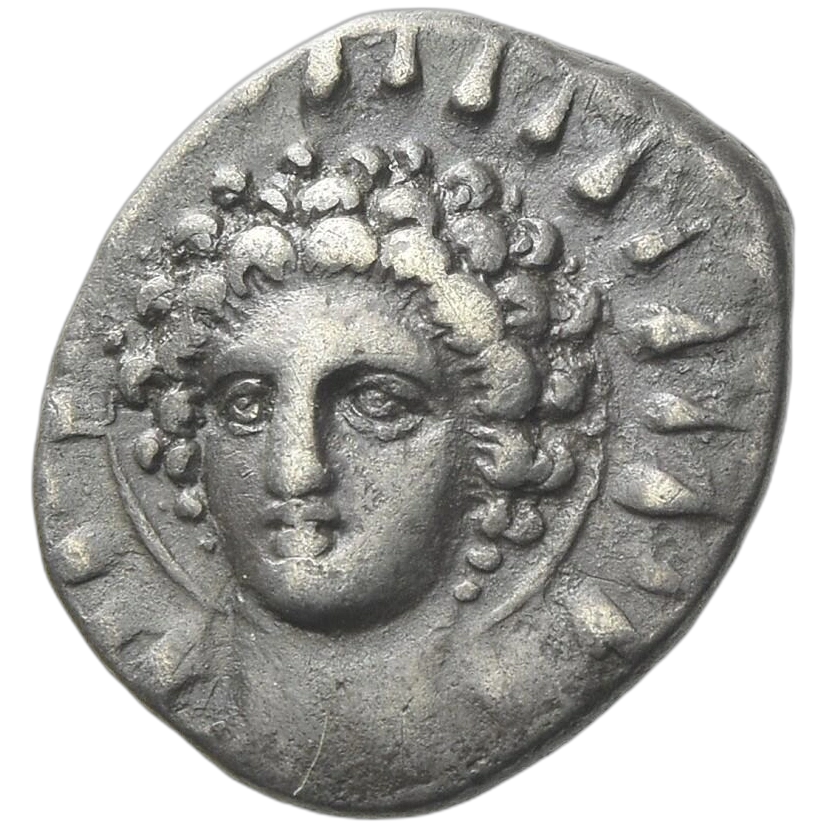 Head of Helios, on radiate disk, facing slightly left.