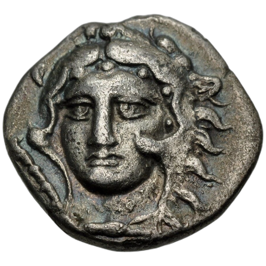 Head of Herakles facing slightly left, wearing lion skin, club to left.