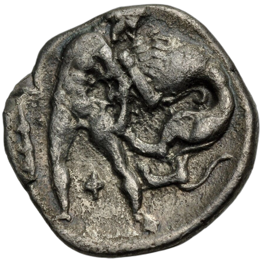 Herakles, nude, standing facing, torso right, strangling the Nemean Lion to right; club to left.