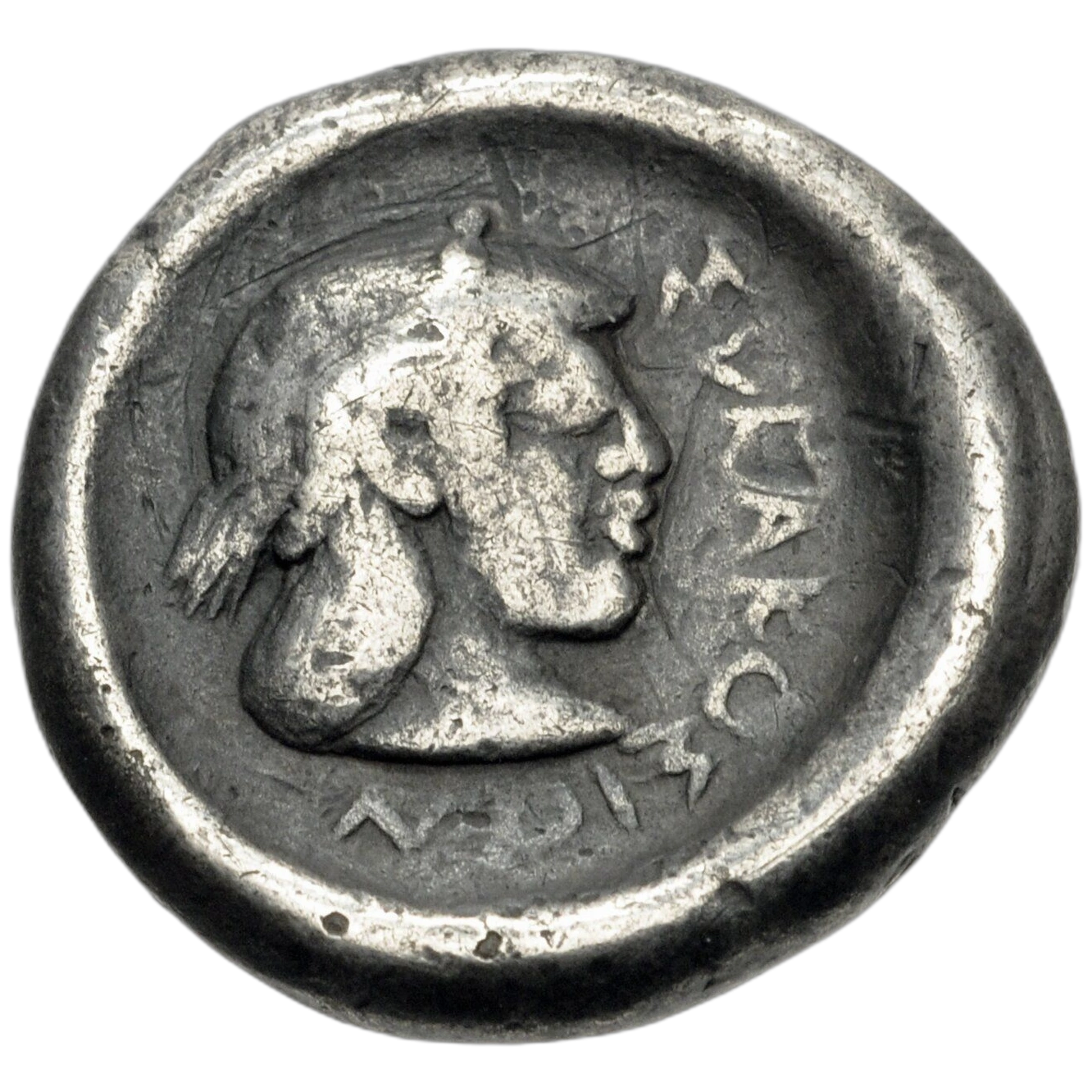 Diademed head of Arethusa right.