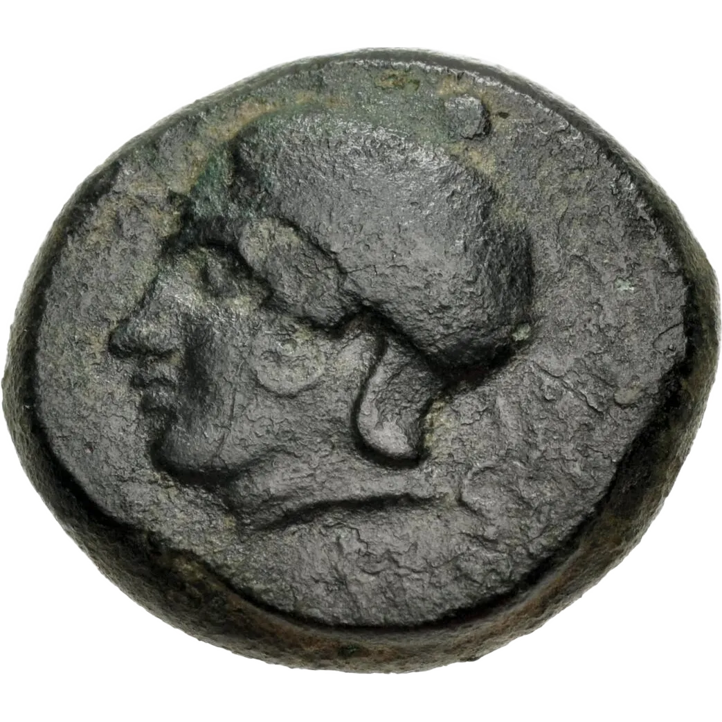 Head of Athena facing left, wearing Chalkidian helmet; star of six rays to left