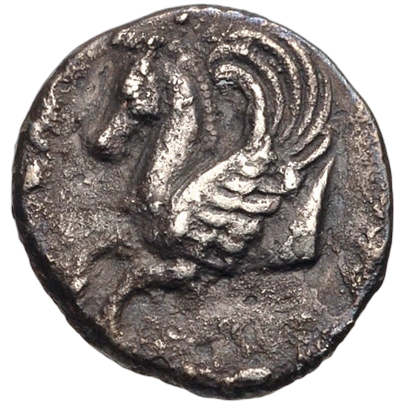 Head of Arethusa left; three dolphins around.