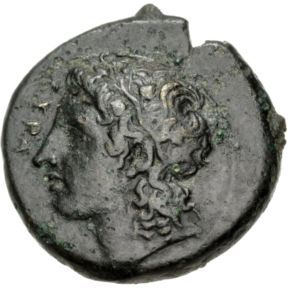 Head of Apollo to left, wearing tainia