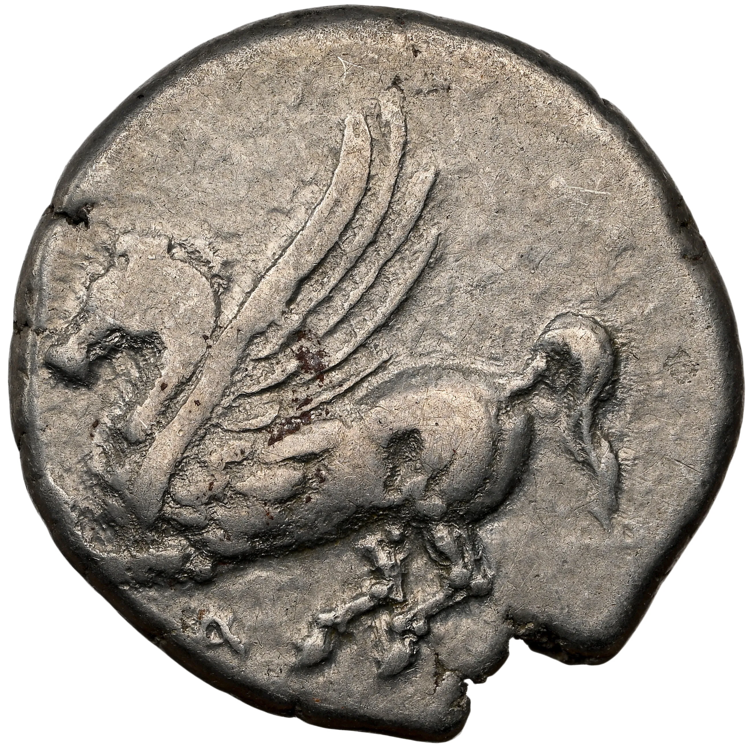 Pegasos flying left; A below.