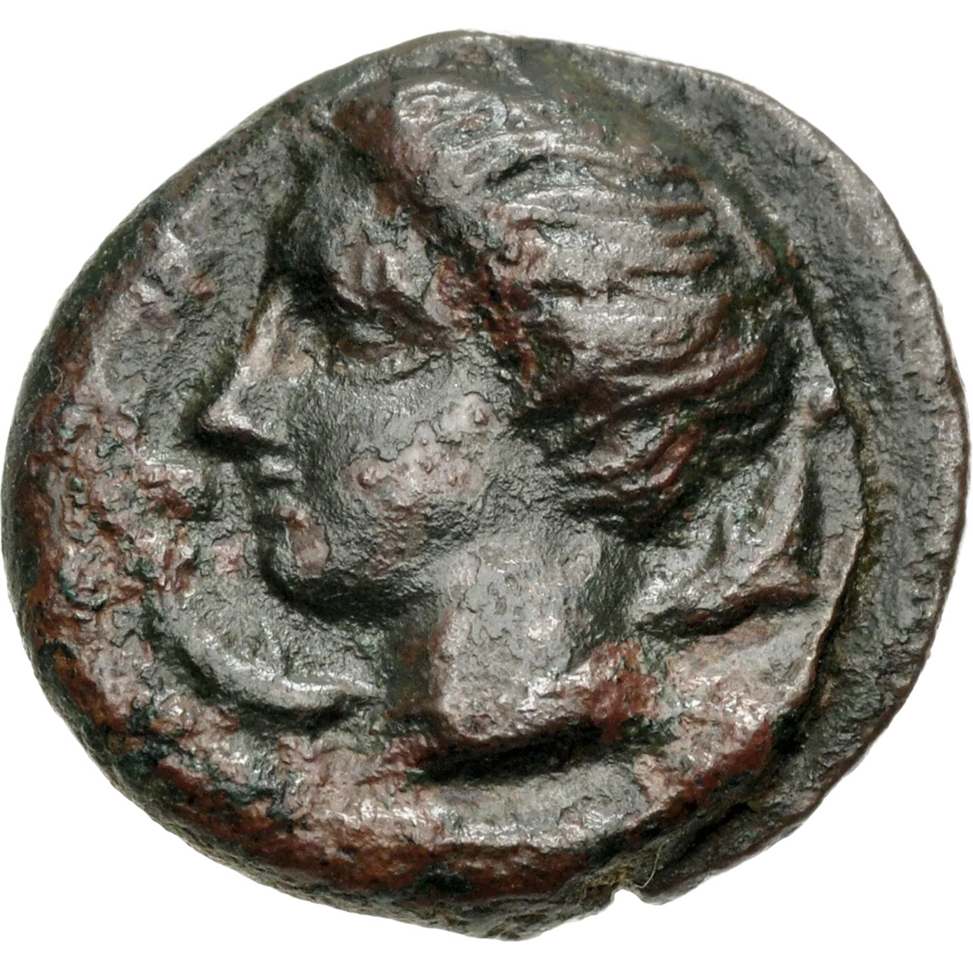 Head of Arethusa left, wearing necklace, hair loosely gathered at the top of her head; dolphins around.