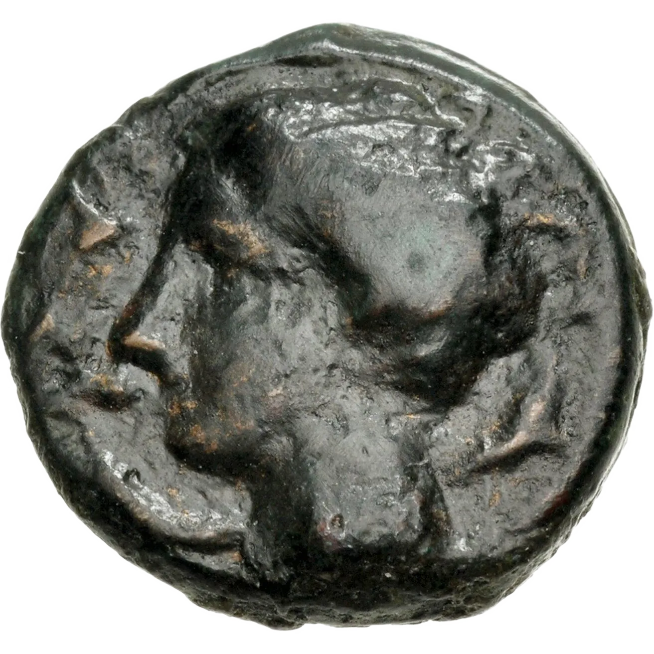 Head of Arethusa left, wearing necklace, hair loosely gathered at the top of her head; dolphins around.