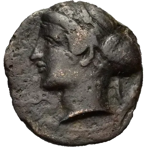 Head of nymph Arethusa left, wearing earring and necklace, hair bound in ampyx and sphendone; behind, olive leaves