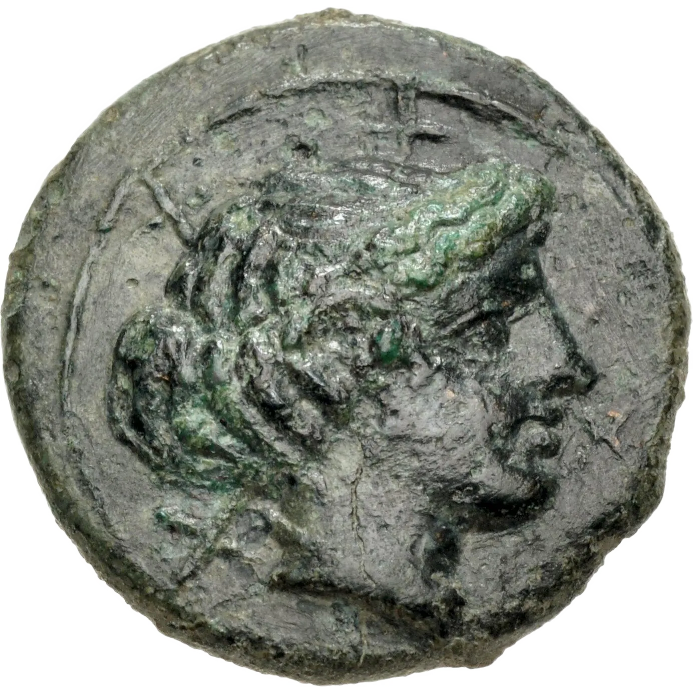 Head of Arethusa right, wearing ampyx and sphendone; four Xs around; within circular line border.