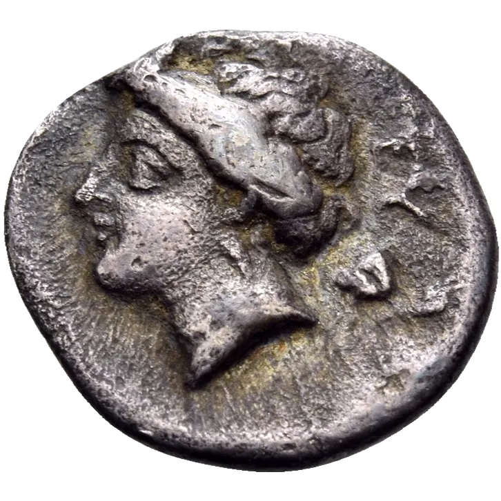 Head of Arethusa right, wearing simple pendant earring and with her hair in an ampyx; behind her head, dolphin swimming downwards to right.